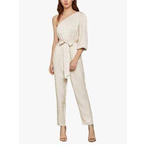 NEW BCBGMaxazria Womens Medium Jumpsuit Beige Metallic One Shoulder Puff Sleeve